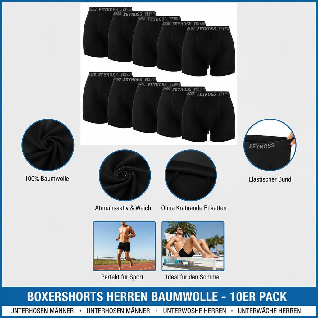 Boxershorts Herren 10er Pack - Baumwolle mit elastischem Bund, atmungsaktiv & oh