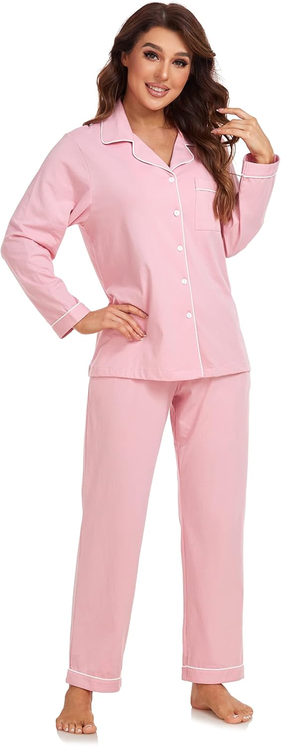 Colorfulleaf Damen Schlafanzug Lang Zweiteiler 100% Baumwolle Knopfleiste S-XXL