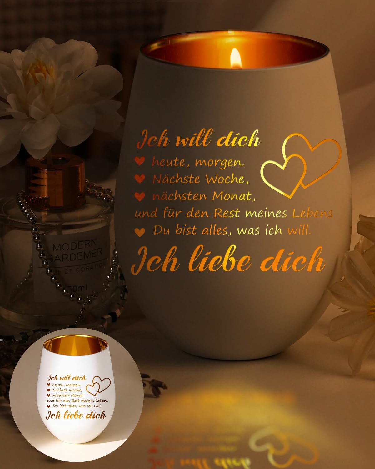 Teelichthalter Weiss mit Schrift "Ich liebe dich" Geschenk fuer Partnerin
