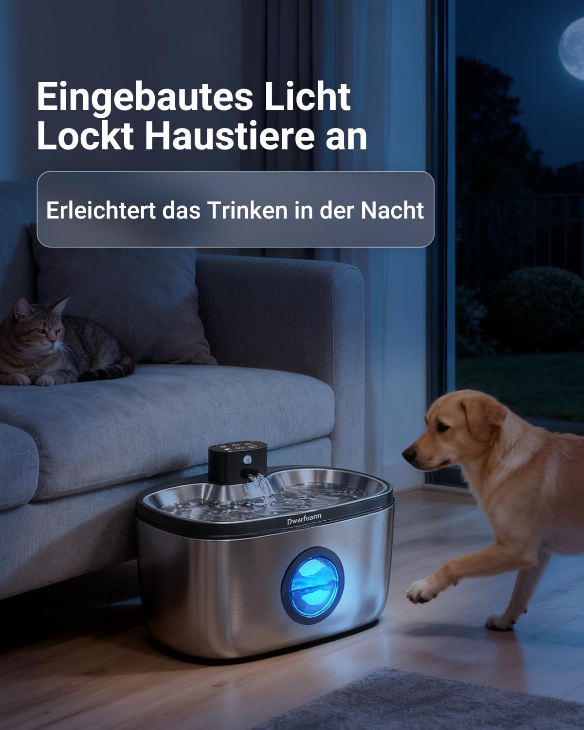 Kabelloser Trinkbrunnen fuer Hunde Katzen, 4000mAh, LED Sensor, Edelstahl, 4‑S