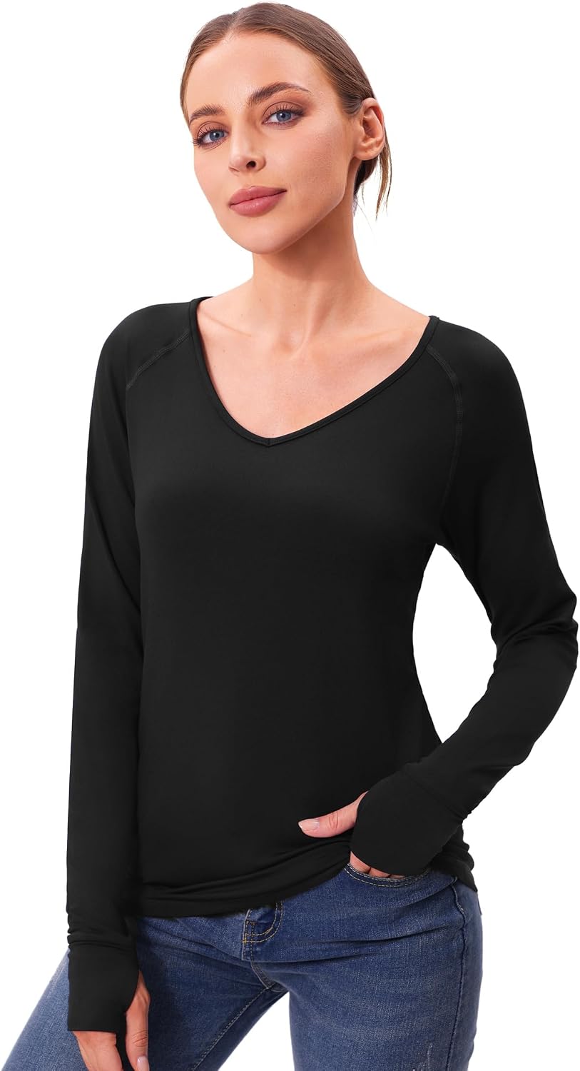 Thermoshirt Damen Langarm V-Ausschnitt mit Daumenloechern Innenfleece S-3XL