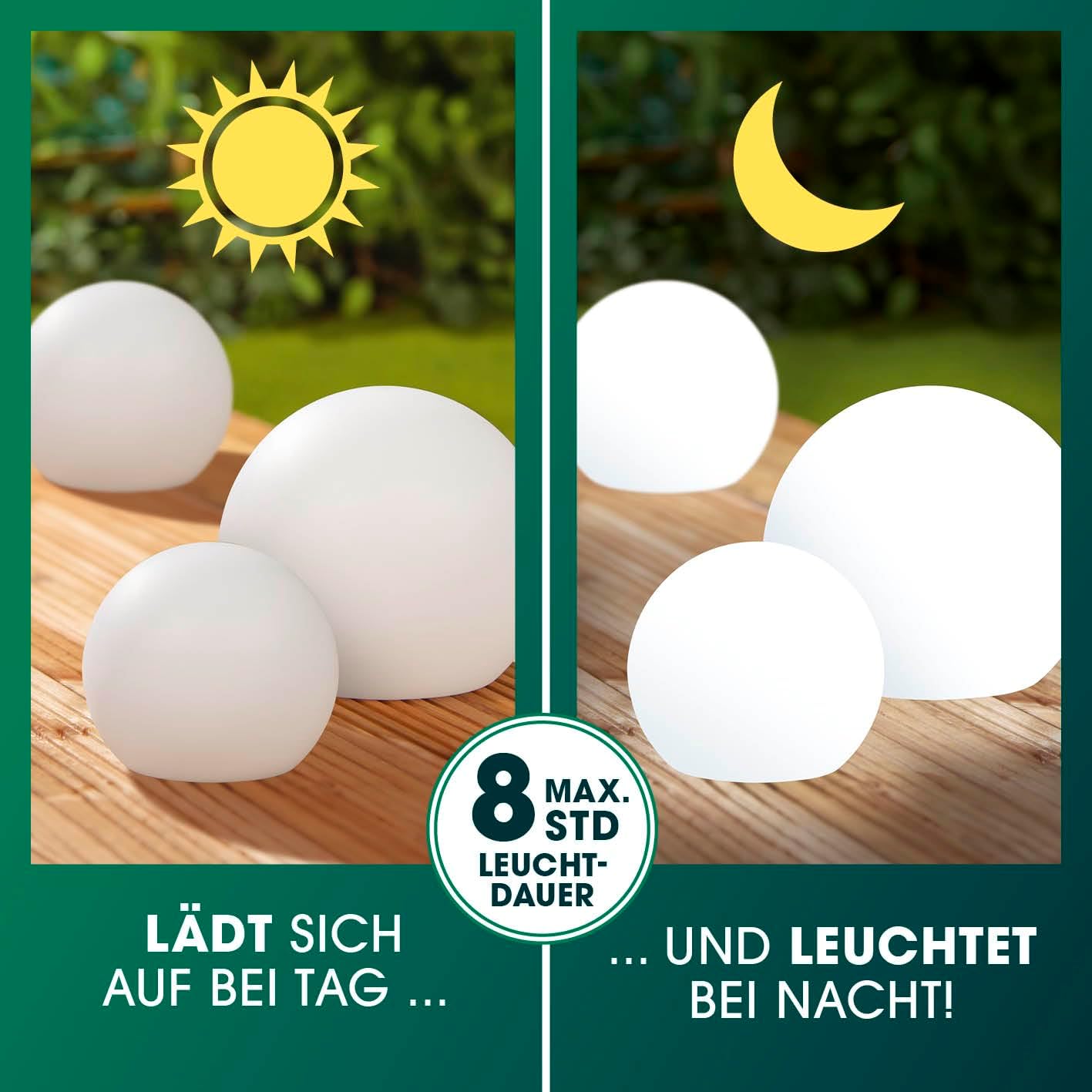 EASYmaxx Solar LED Kugelleuchte 3er-Set 12 Farben 5 Modi dimmbar 20cm-40cm