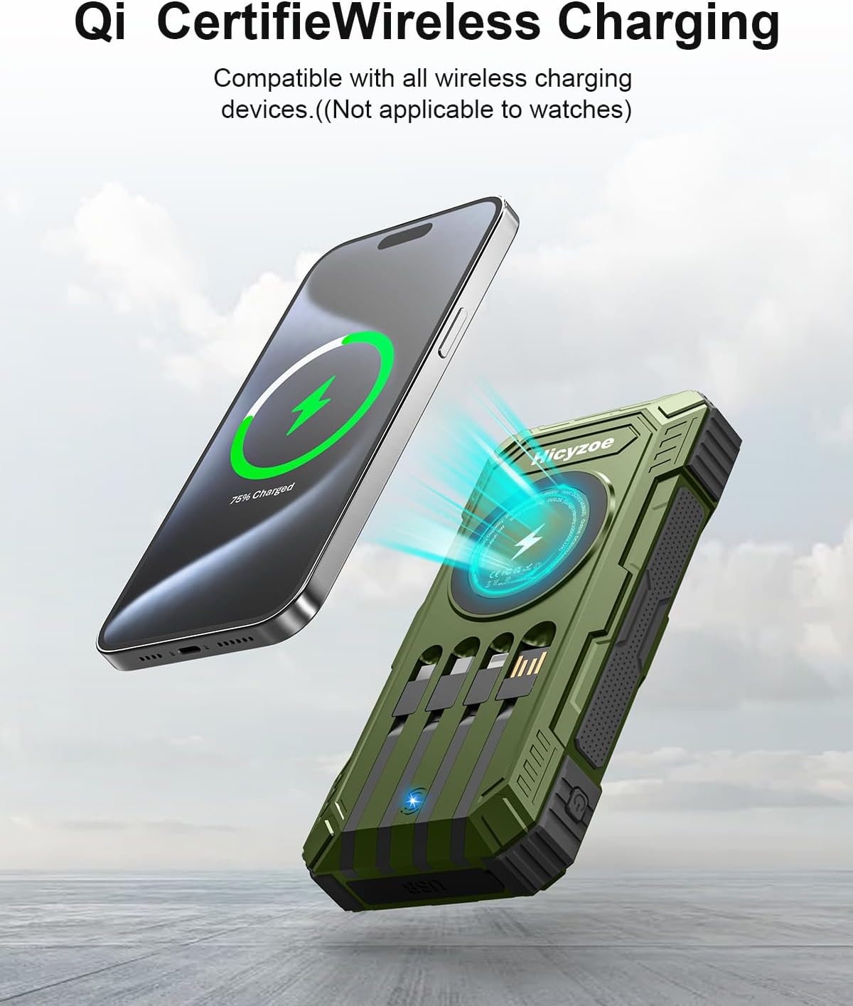 Solar Powerbank 26800 mAh mit integrierten 4 Kabeln USB‑C Schnellladung Qi Wirel
