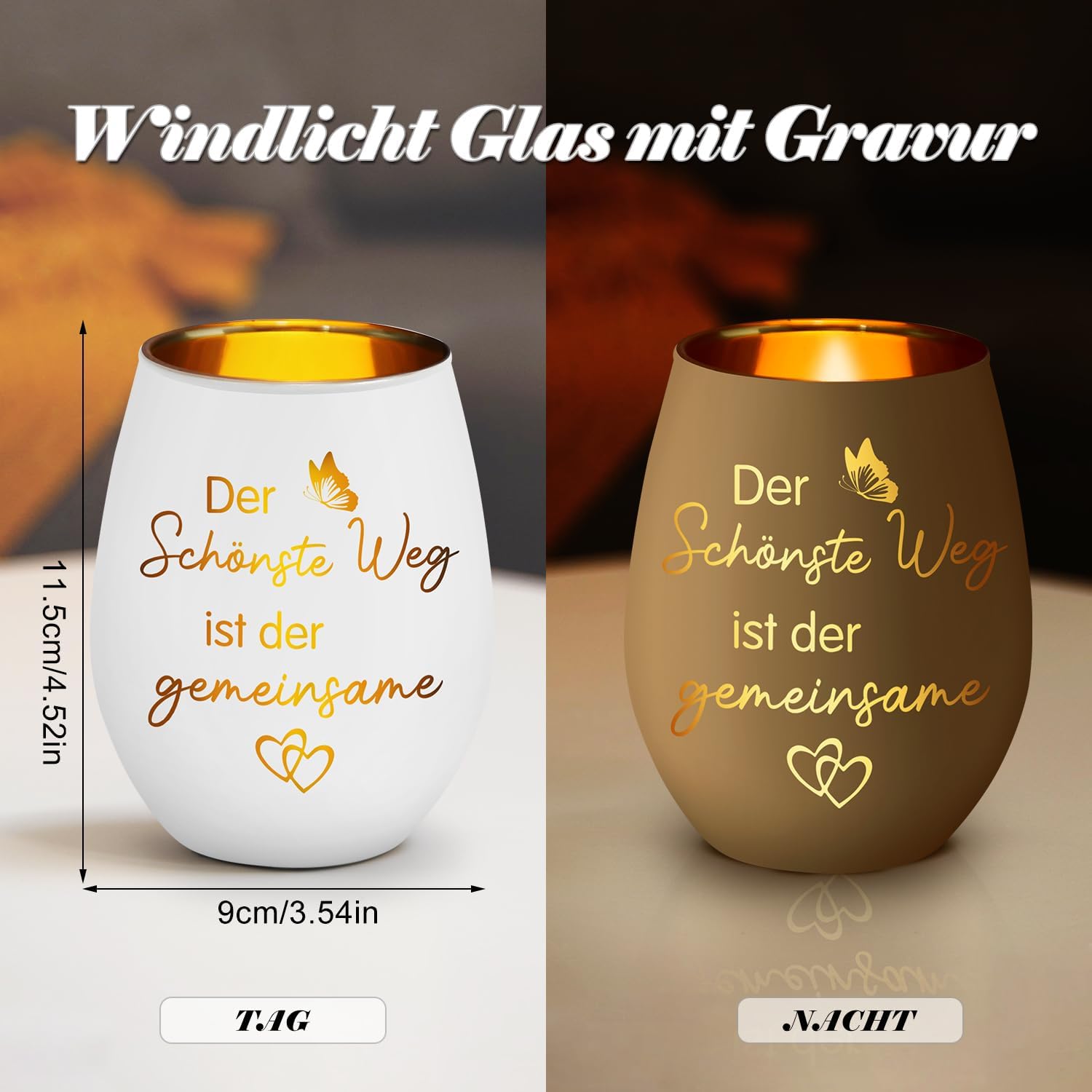 Windlicht Glas mit Gravur ‚Der schoenste Weg ist der gemeinsame‘ Geschenk Paar