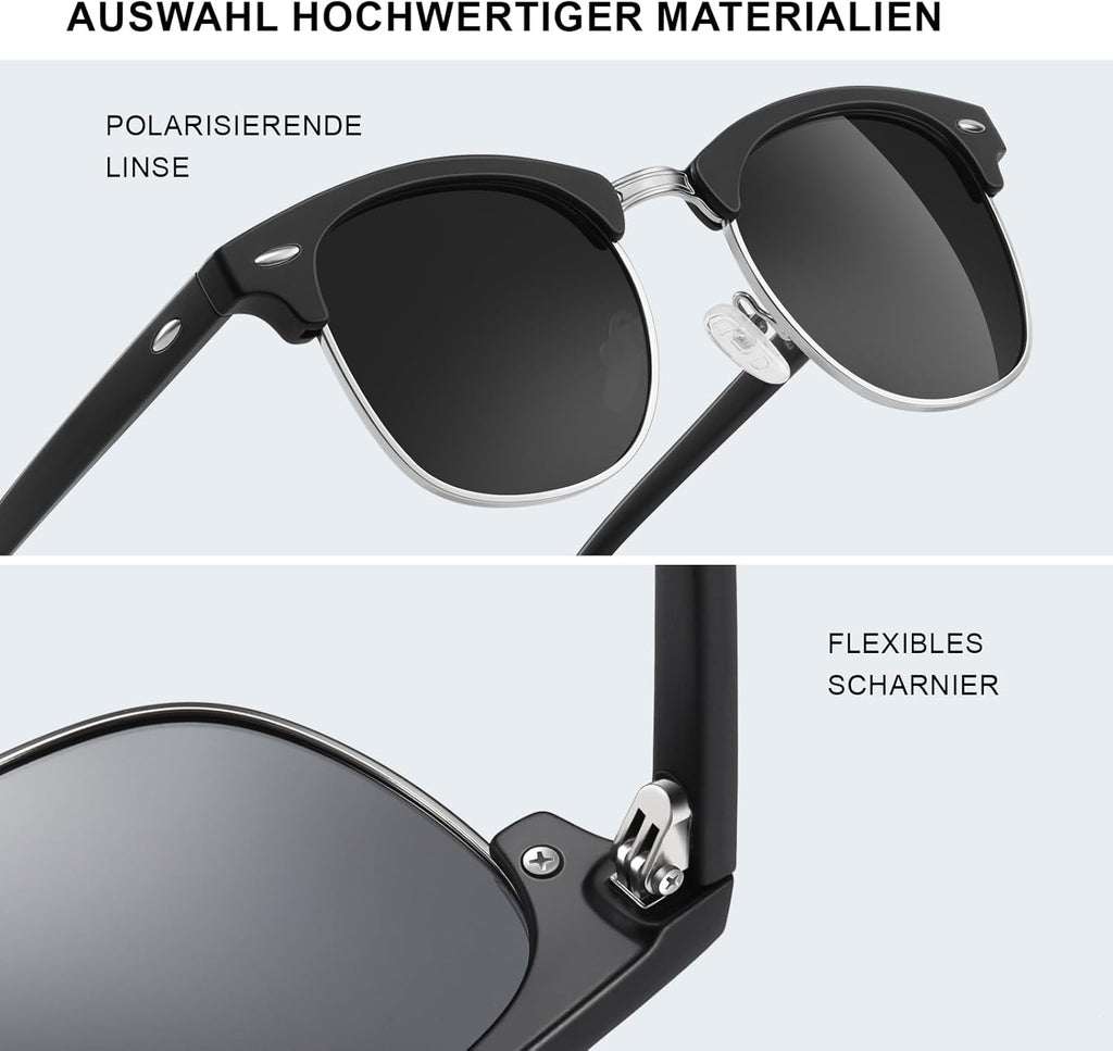 Polarisierte Sonnenbrille Herren Damen Halbrahmen Schwarz UV400 Retro