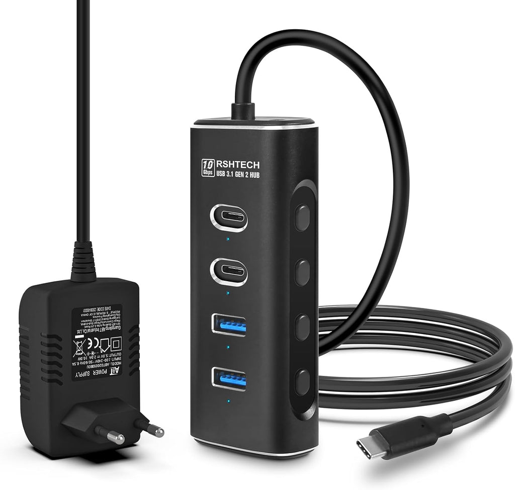 RSHTECH USB‑C Hub 7‑Port 10 Gbps mit Netzteil, USB Splitter Adapter