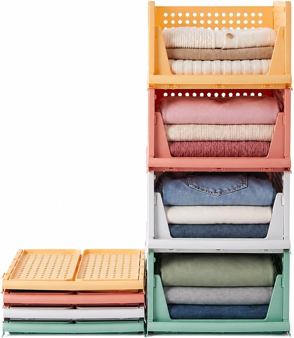 4er Set Stapelboxen Kleiderschrank Organizer Kunststoff Grau RMAN
