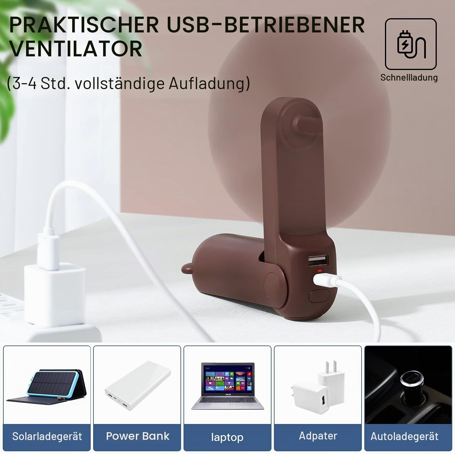 JISULIFE Mini Handventilator 3in1 mit 4500mAh Powerbank USB Akku Taschenlampe We