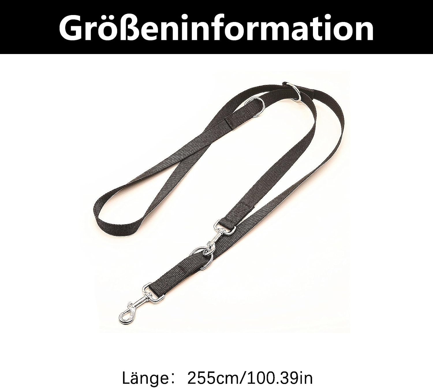 Hundeleine 2,5 cm x 260 cm verstellbar schwarz mit 2 Karabinern für große Hunde