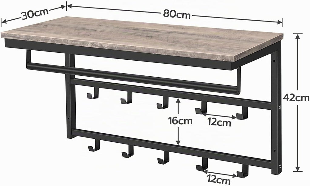 Hoobro Wandgarderobe 42cm mit Ablage und 10 Haken Industriestil