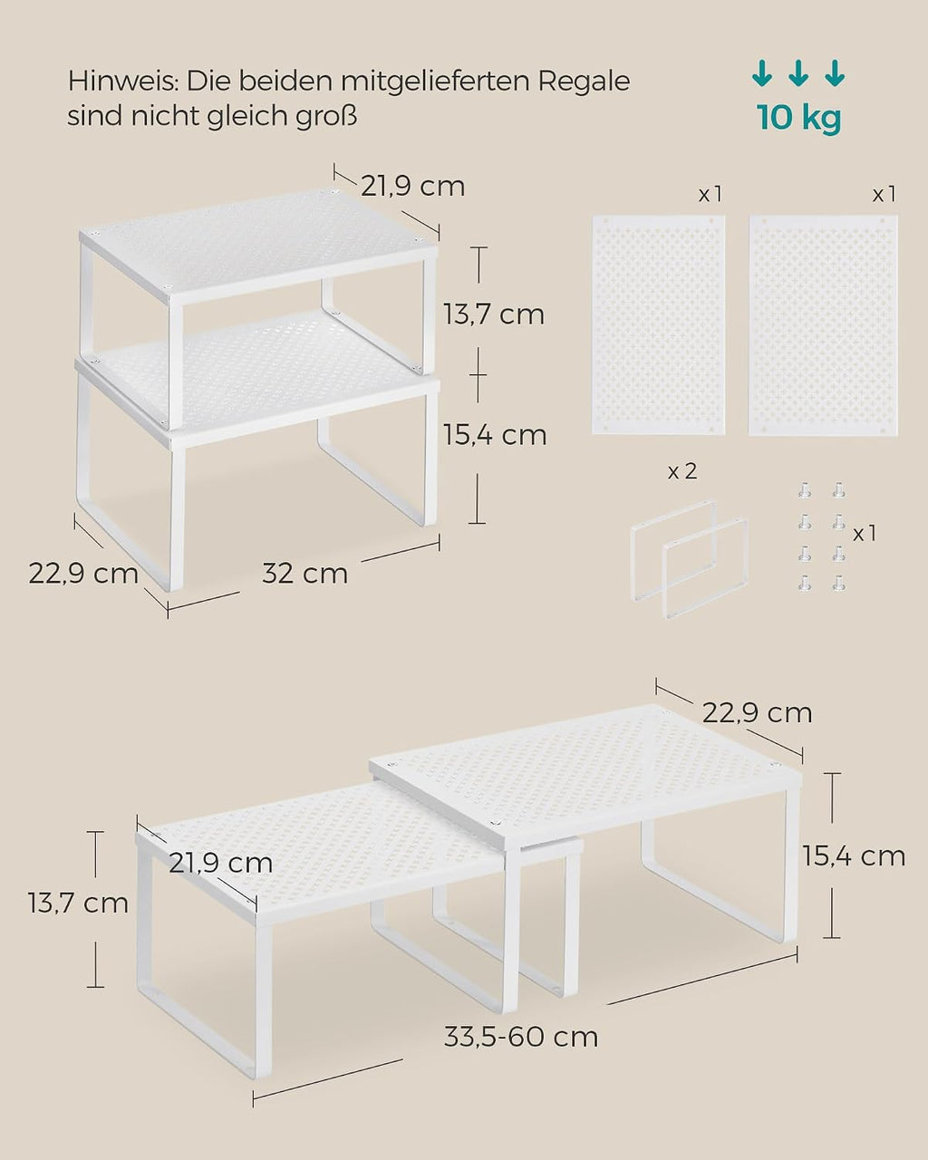 Gewuerzregal 2er Set stapelbar Weiss Kuechen Organizer 32cm-40cm