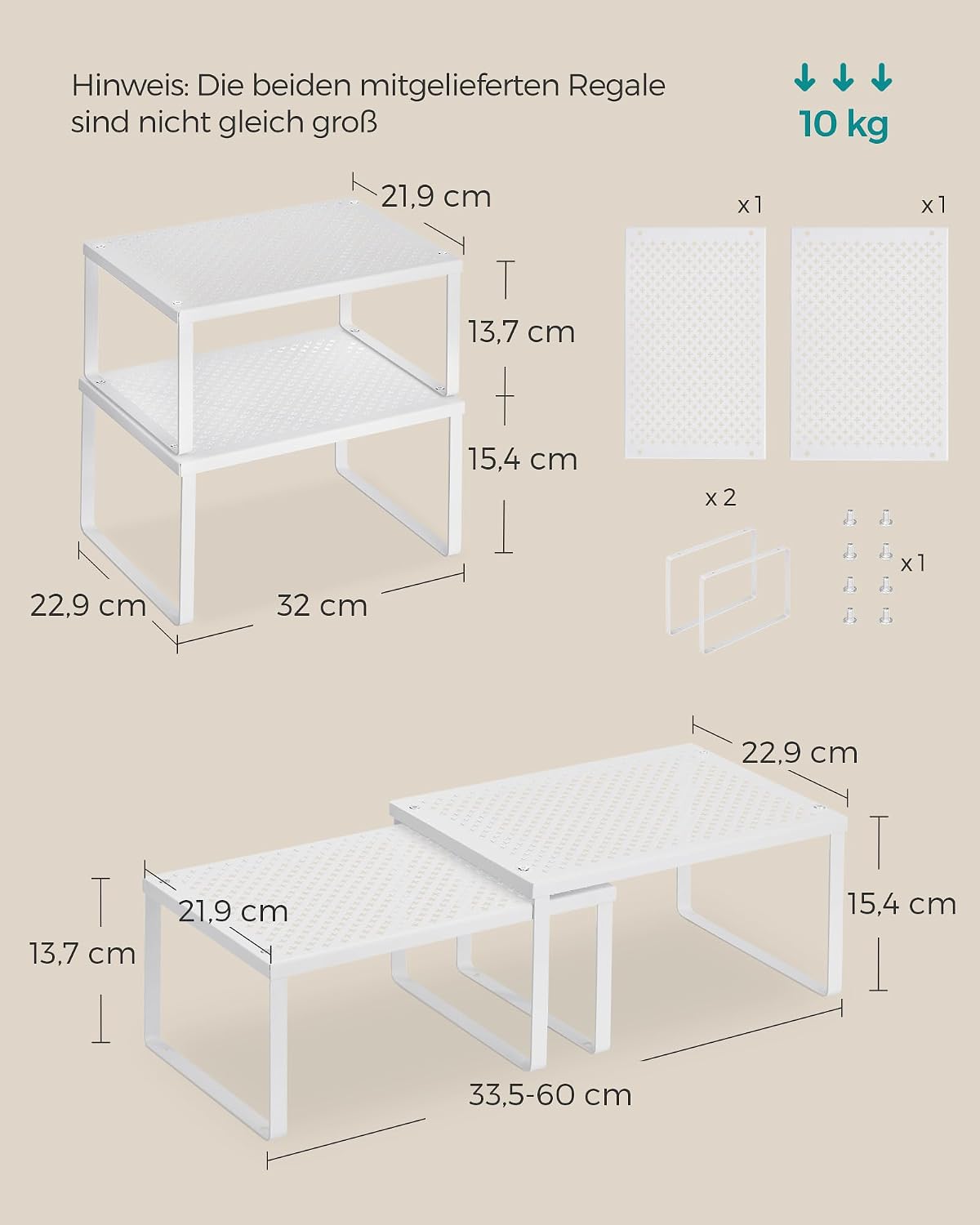 Gewuerzregal 2er Set stapelbar Weiss Kuechen Organizer 32cm-40cm