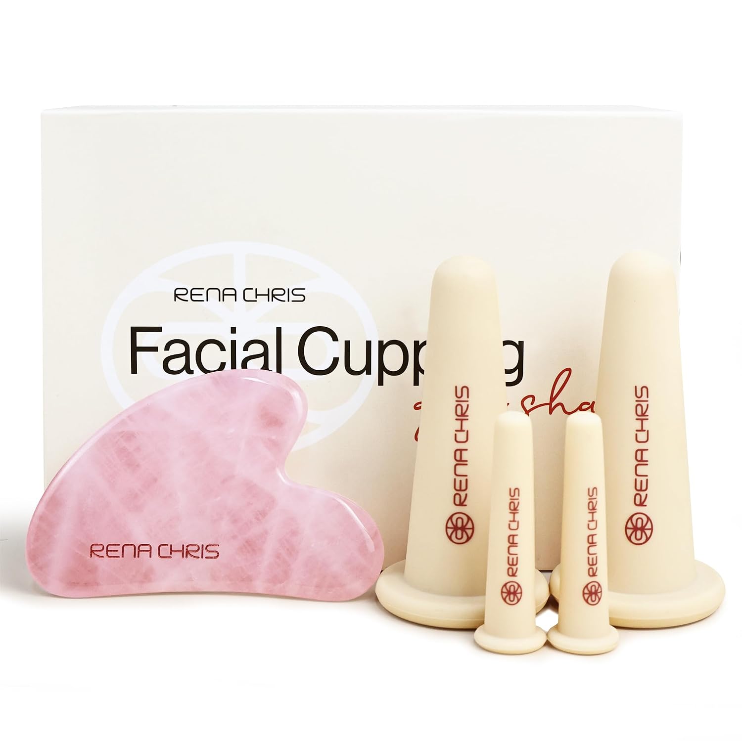 Rena Chris Gesichts-Schroepfset Gua Sha Rosenquarz Silikon Gesichtspflege Rosa