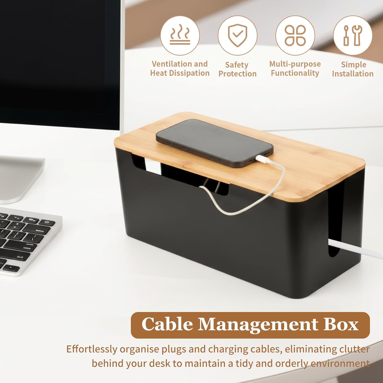 Kabelbox 2er Set schwarz gross und klein mit Holzdeckel Kabel Organizer