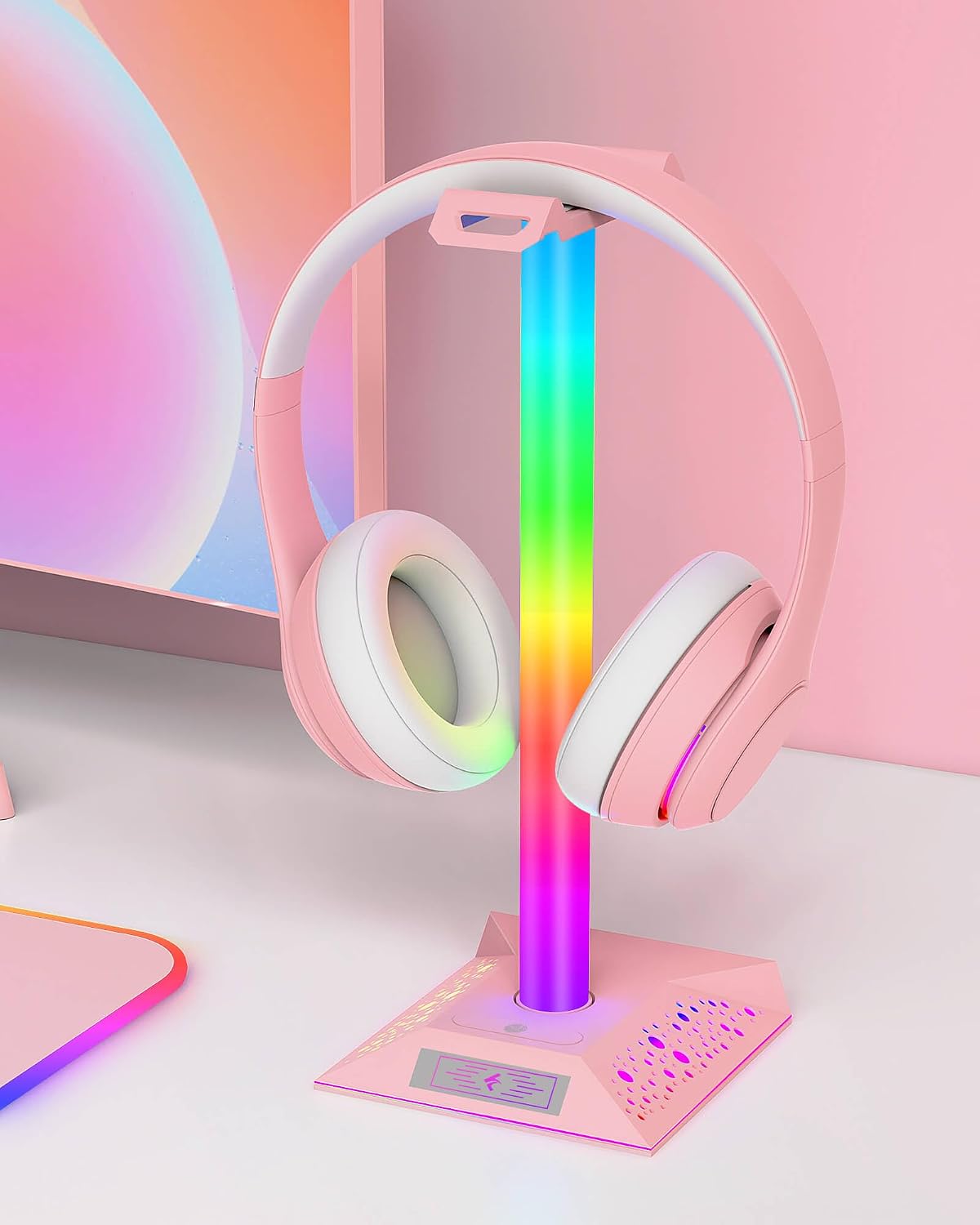 Hcman Headset Halter mit RGB Beleuchtung und 2 USB Anschluessen schwarz