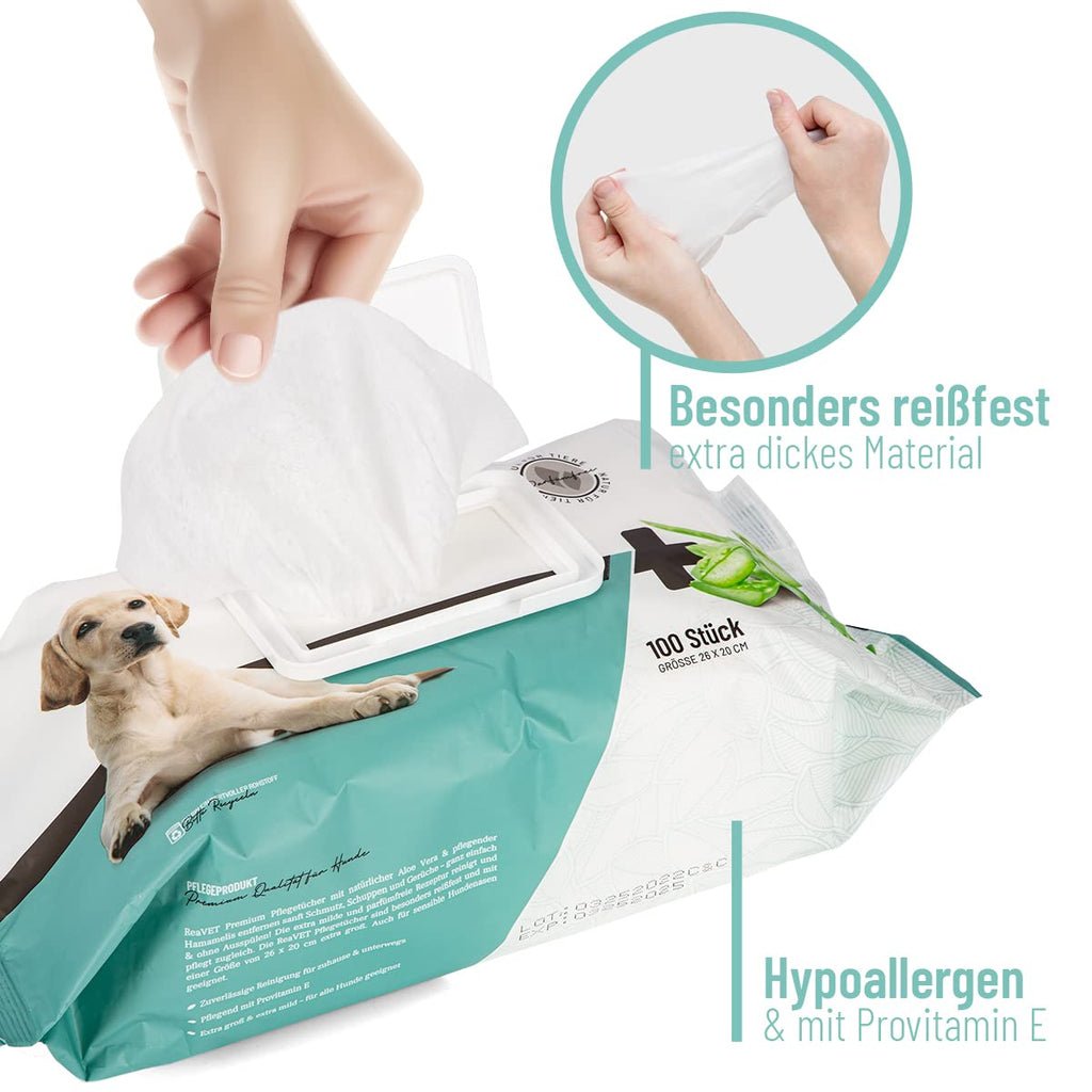 ReaVET Feuchttuecher fuer Hunde und Katzen 100 Stueck XXL hypoallergen reissfest