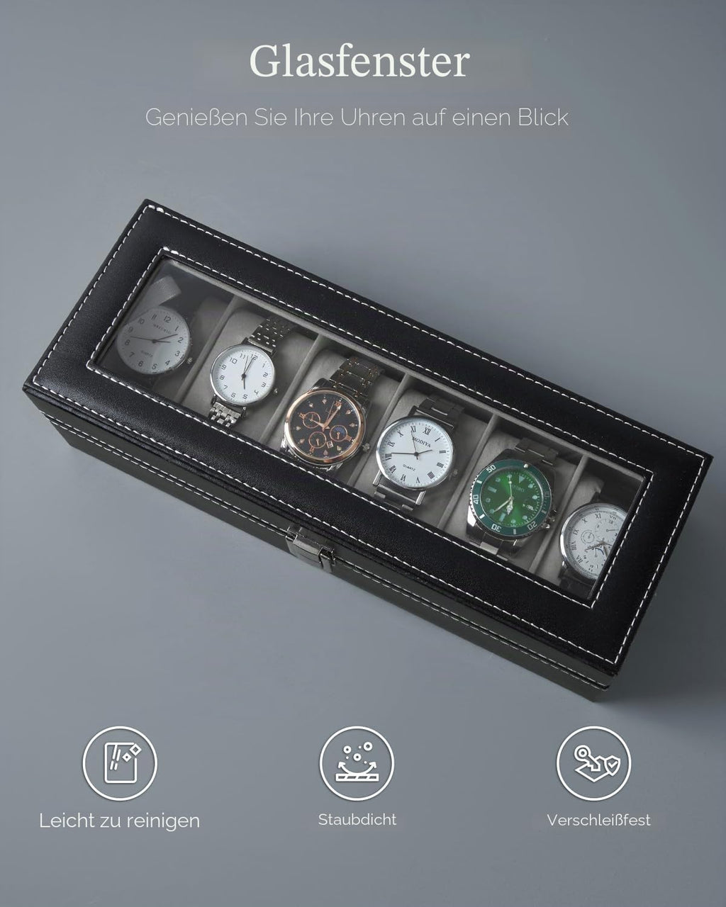 Ohuhu Uhrenbox 6 Faecher mit Glasdeckel Uhrenaufbewahrung