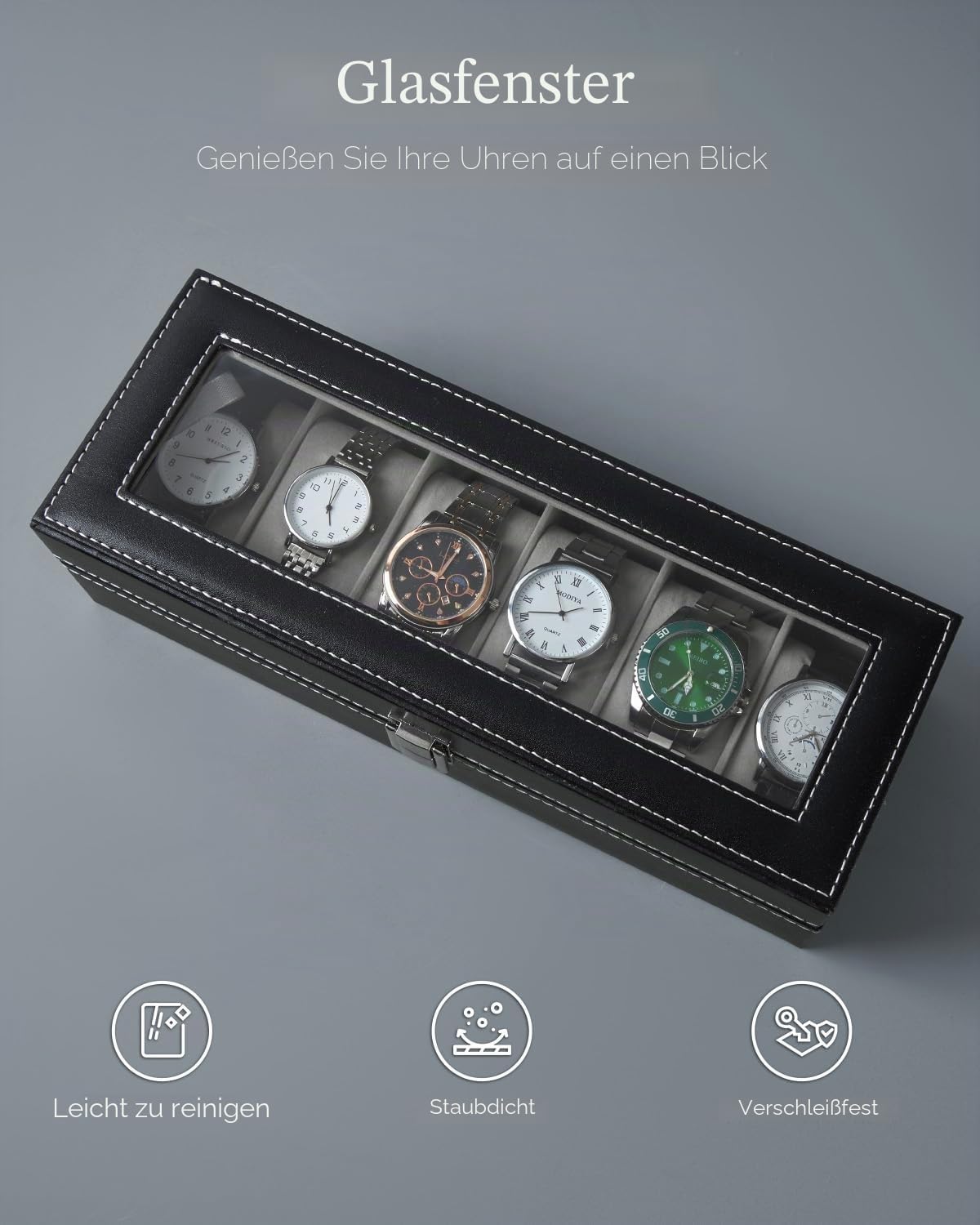 Ohuhu Uhrenbox 6 Faecher mit Glasdeckel Uhrenaufbewahrung