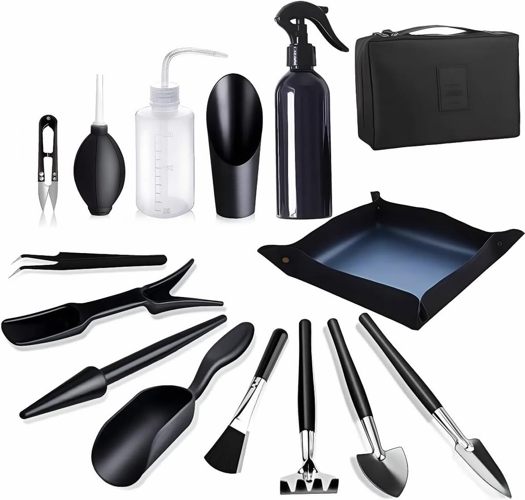 Bonsai Werkzeug Set 15-tlg. mit Umtopfmatte & Tasche, Gartenwerkzeug Schwarz