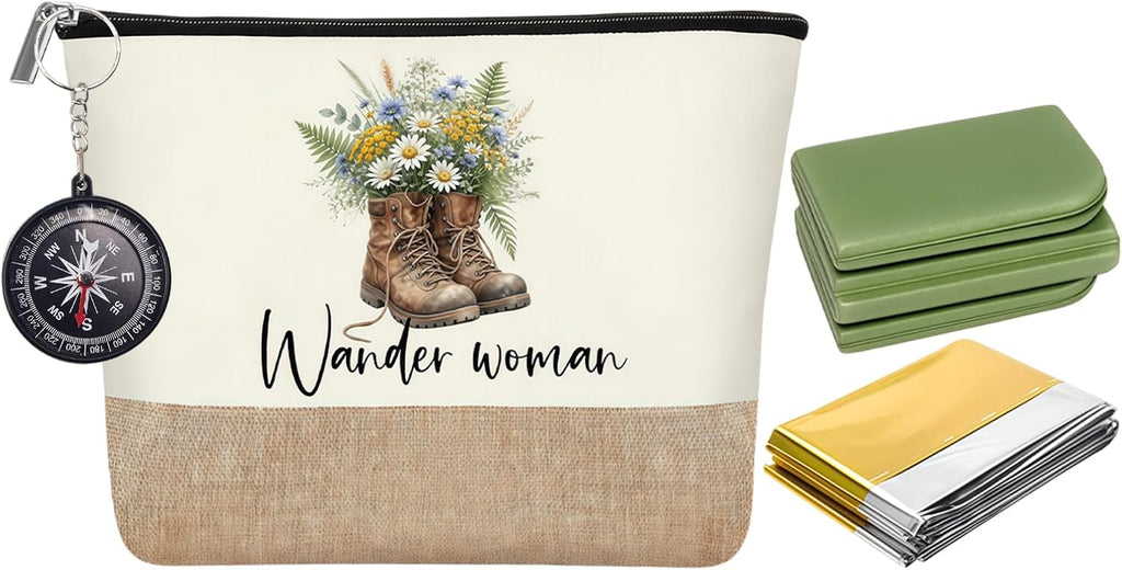Wander-Set Damen 4-teilig: Kosmetiktasche, Sitzkissen, Kompass, Waermedecke