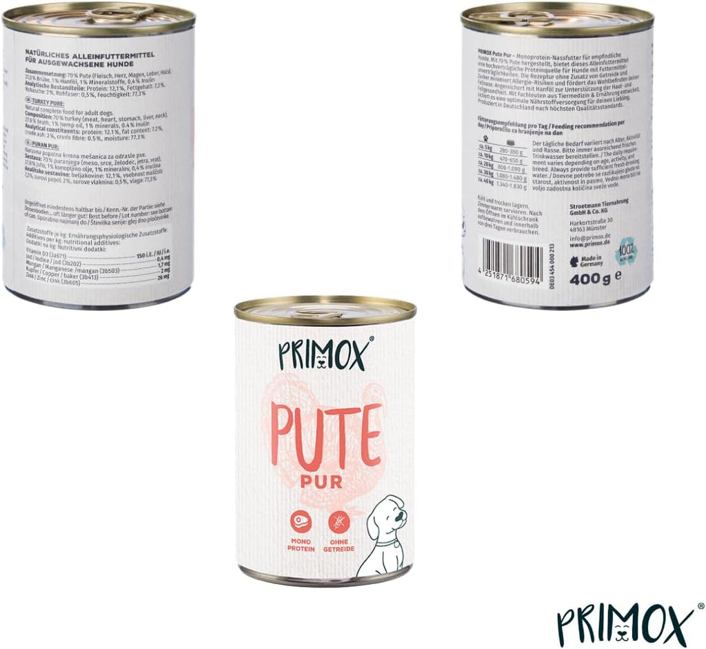 PRIMOX Nassfutter Pferd 12x400g Monoprotein 70% Fleisch Getreidefrei