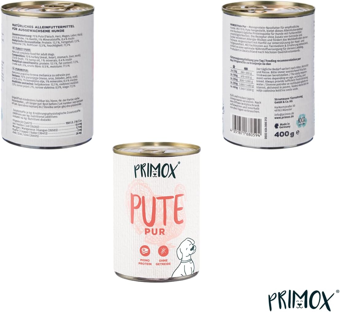 PRIMOX Nassfutter Pferd 12x400g Monoprotein 70% Fleisch Getreidefrei