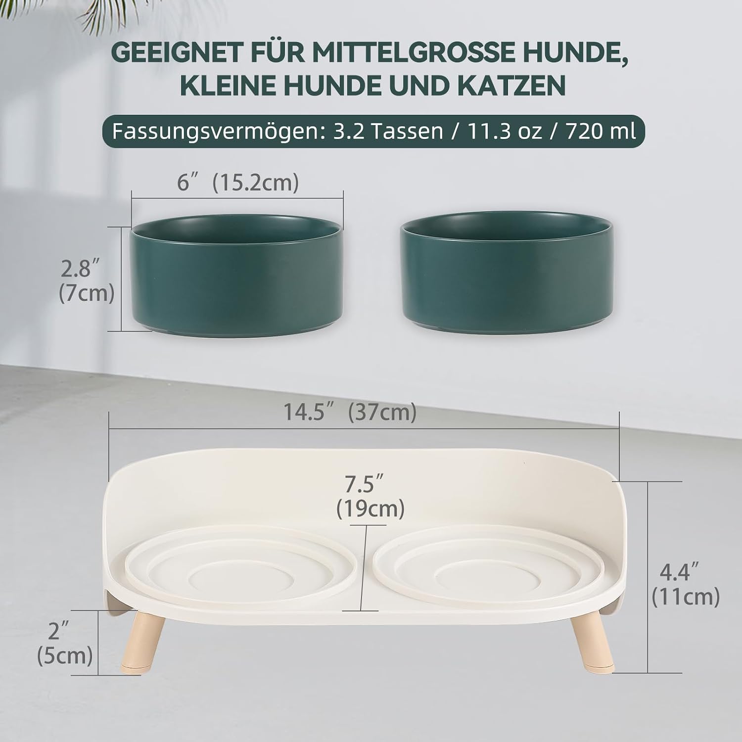 Erhoehter Keramik Hundenapf 2x720 ml mit Staender rutschfest gruen fuer Hunde Katzen