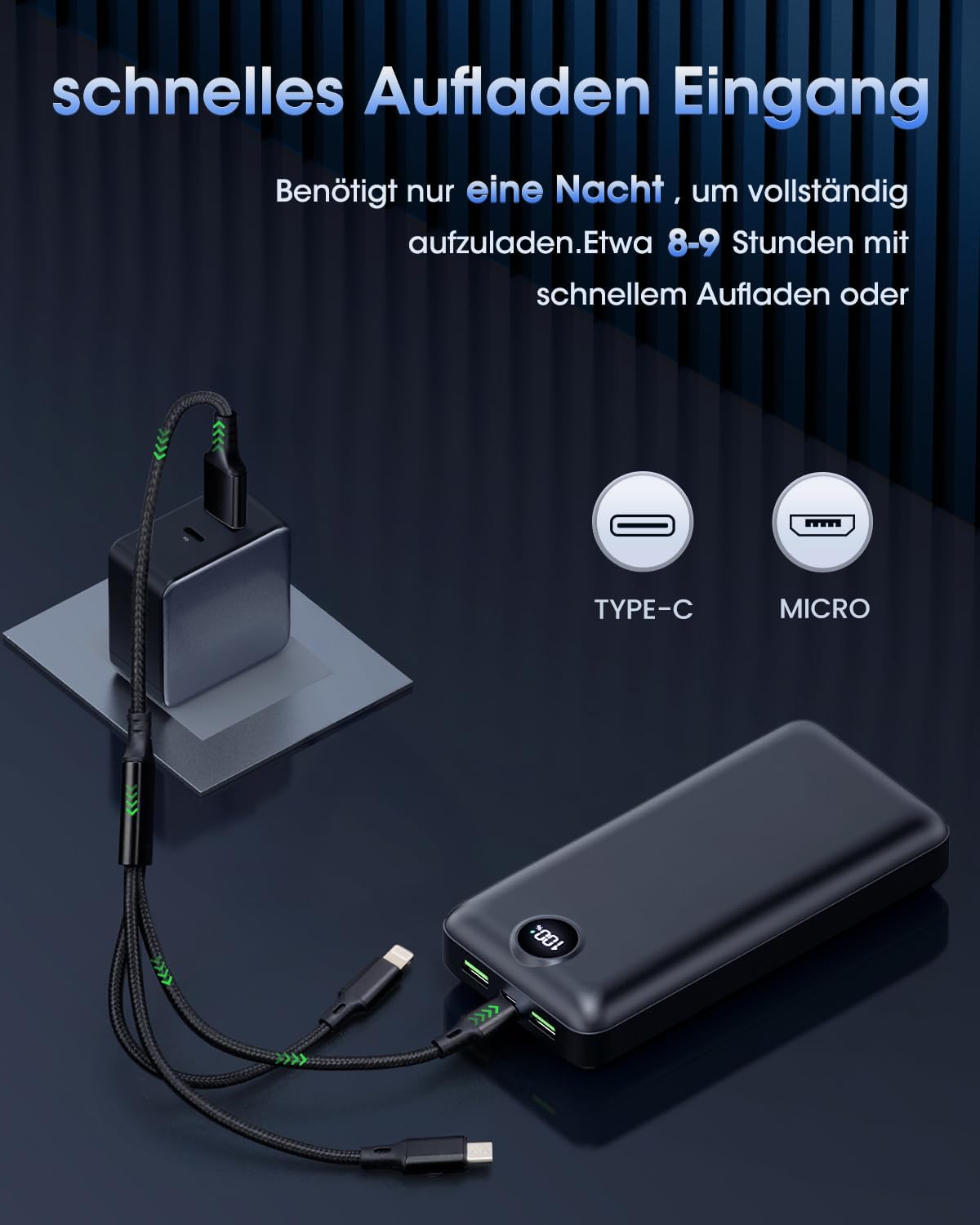 PowerBank 50000 mAh 22,5W USB-C Powerbank 3 Ausgaenge 2 Eingaenge LED Display