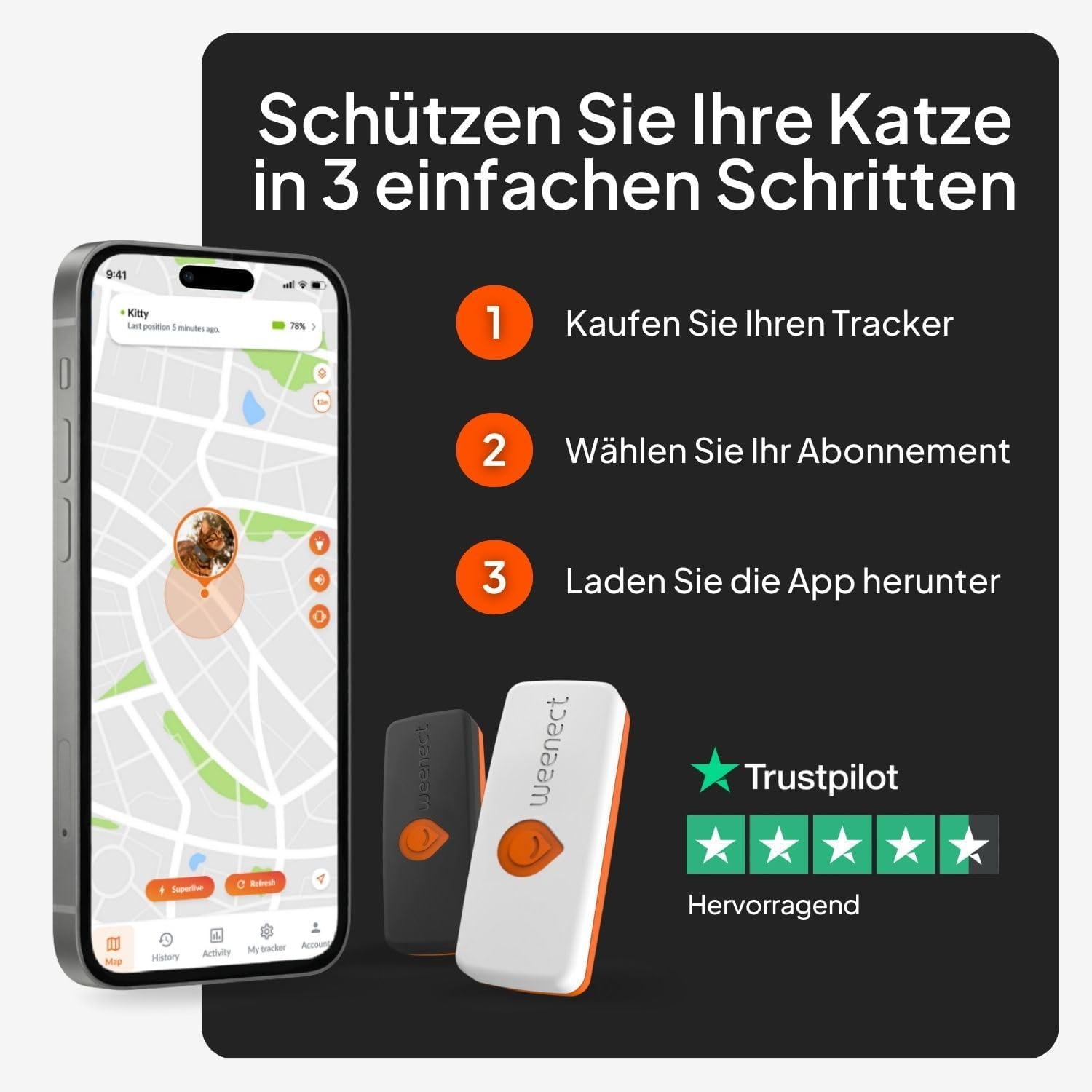 Weenect XS GPS Katzen Tracker mit Halsband, Echtzeit Ortung, ohne Distanzlimit