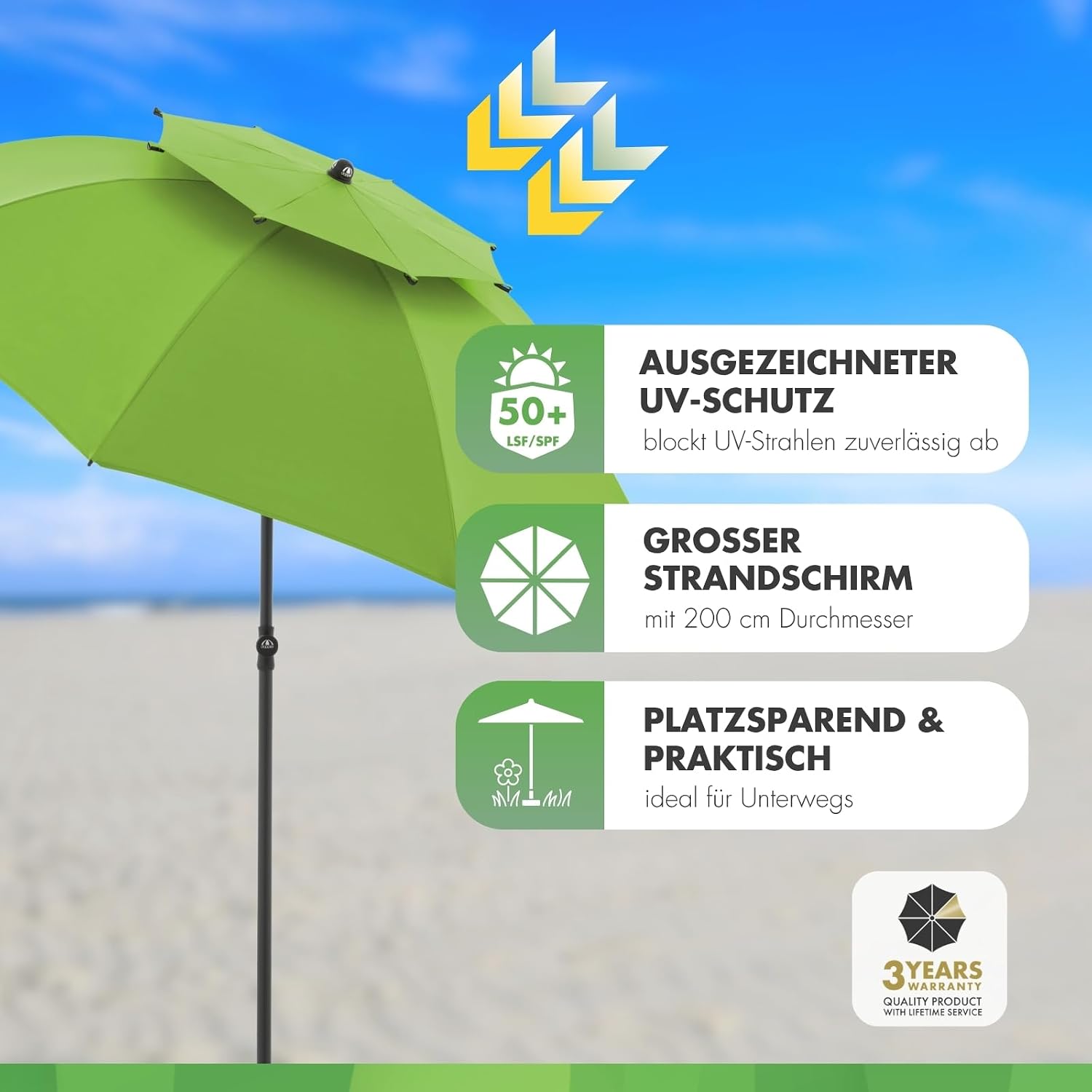 Doppler Strandschirm 200 cm hoehenverstellbar knickbar mit UV-Schutz