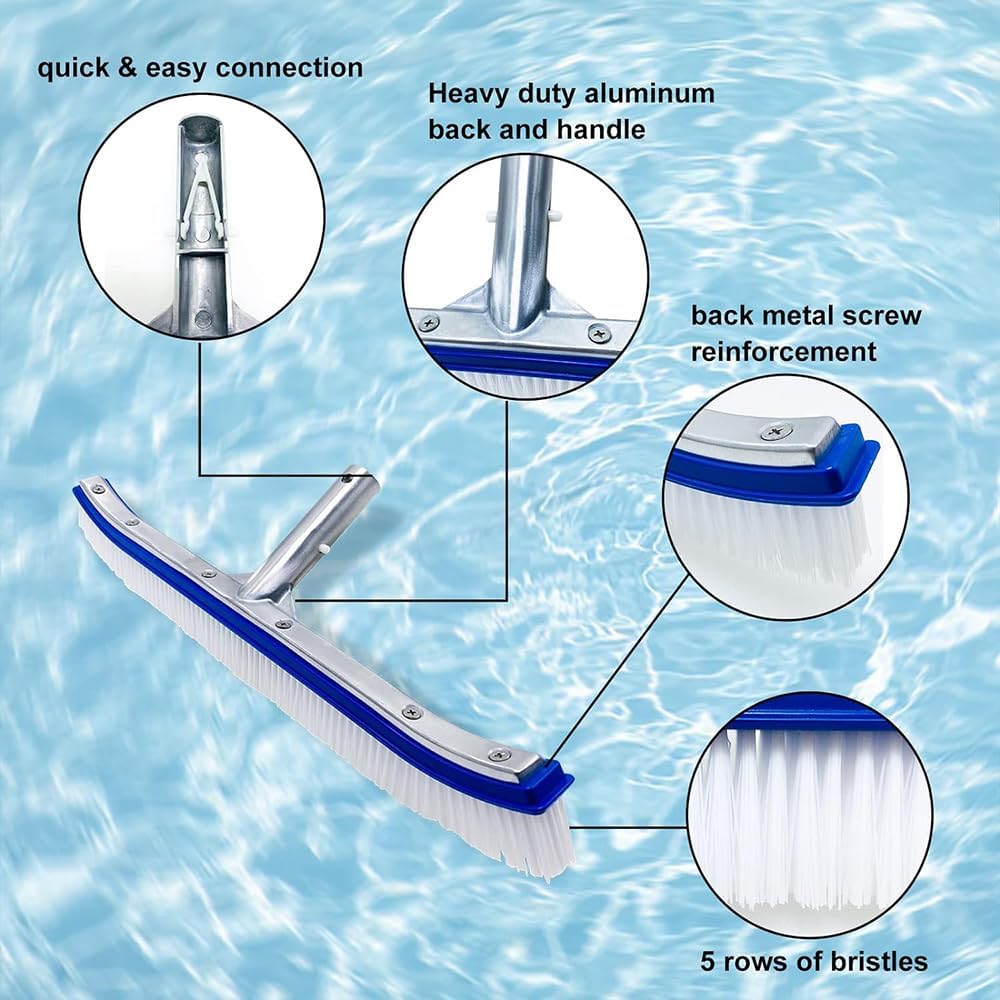 Poolbuersten Set 45 cm mit 180 cm Teleskop-Aluminiumstange und Edelstahlrueckseite