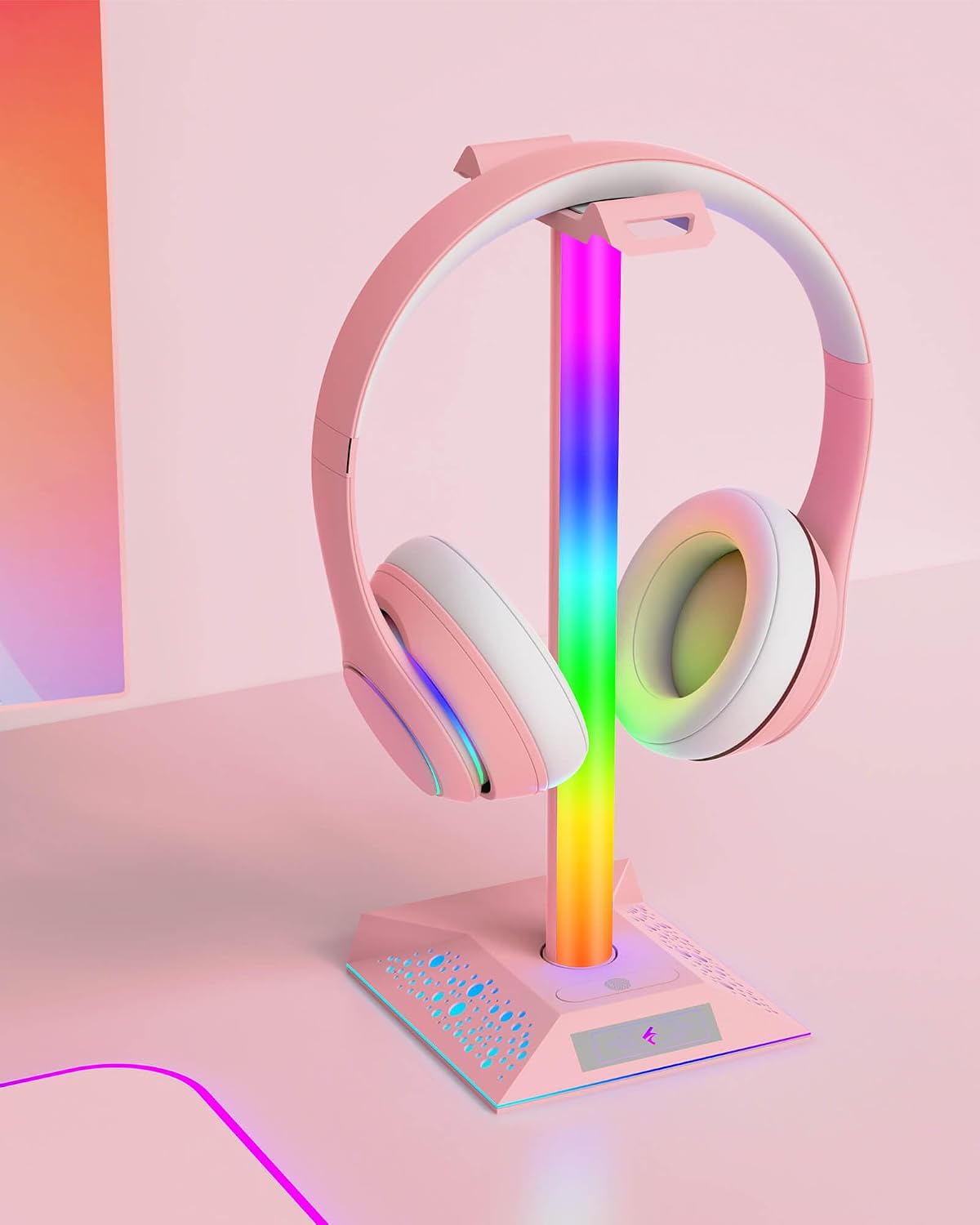 Hcman Headset Halter mit RGB Beleuchtung und 2 USB Anschluessen schwarz