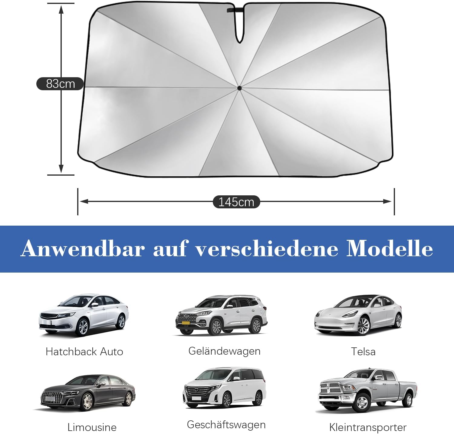 RnCop Faltbare Sonnenblende Frontscheibe Carbon 145x83 cm fuer 79cm-83cm