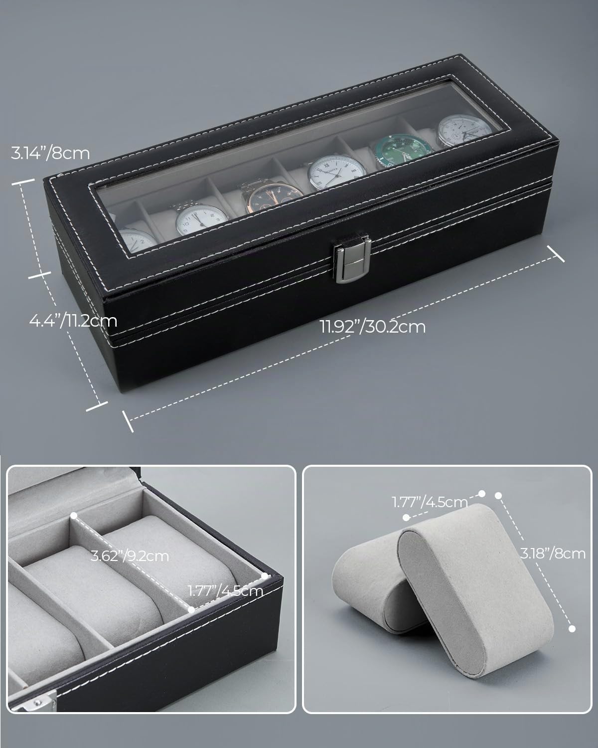 Ohuhu Uhrenbox 6 Faecher mit Glasdeckel Uhrenaufbewahrung