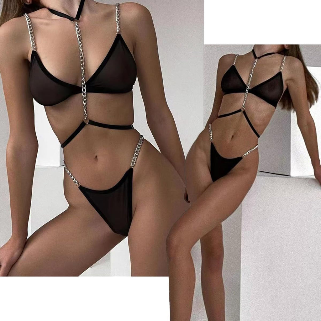 Damen Dessous BH mit Kettentraegern Slip mit Kettenakzent Set S-XL