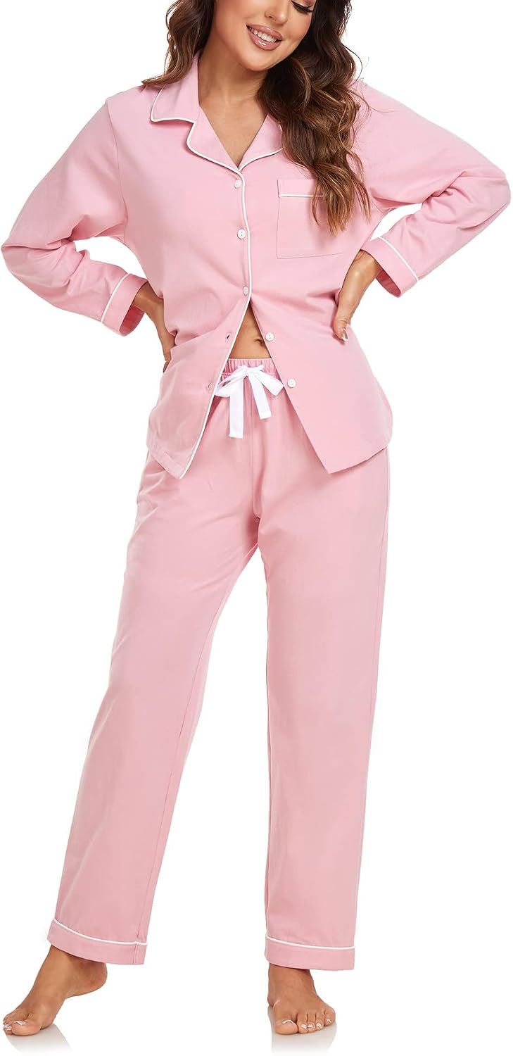 Colorfulleaf Damen Schlafanzug Lang Zweiteiler 100% Baumwolle Knopfleiste S-XXL