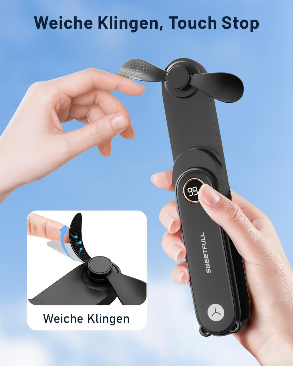 SWEETFULL Mini Ventilator 11,4 cm faltbar Akku 3 Geschwindigkeiten USB Schwarz