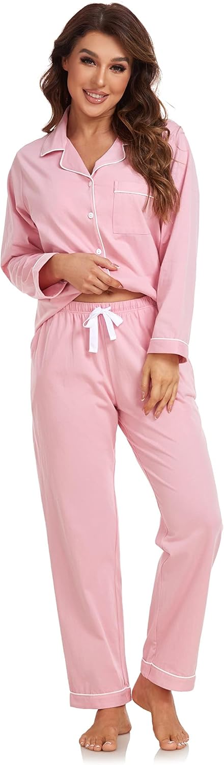 Colorfulleaf Damen Schlafanzug Lang Zweiteiler 100% Baumwolle Knopfleiste S-XXL