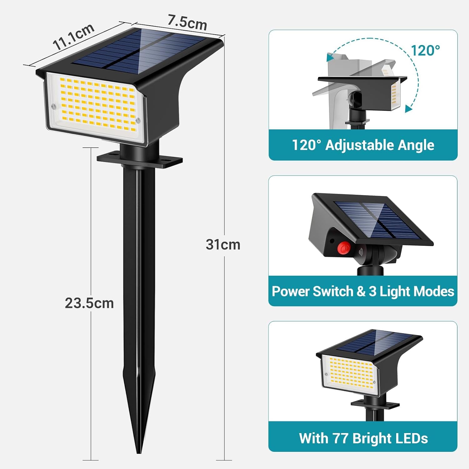 kolpop 4er Solarstrahler 77 LEDs 3000K 800lm IP65 3 Modi Daemmerungs­sensor