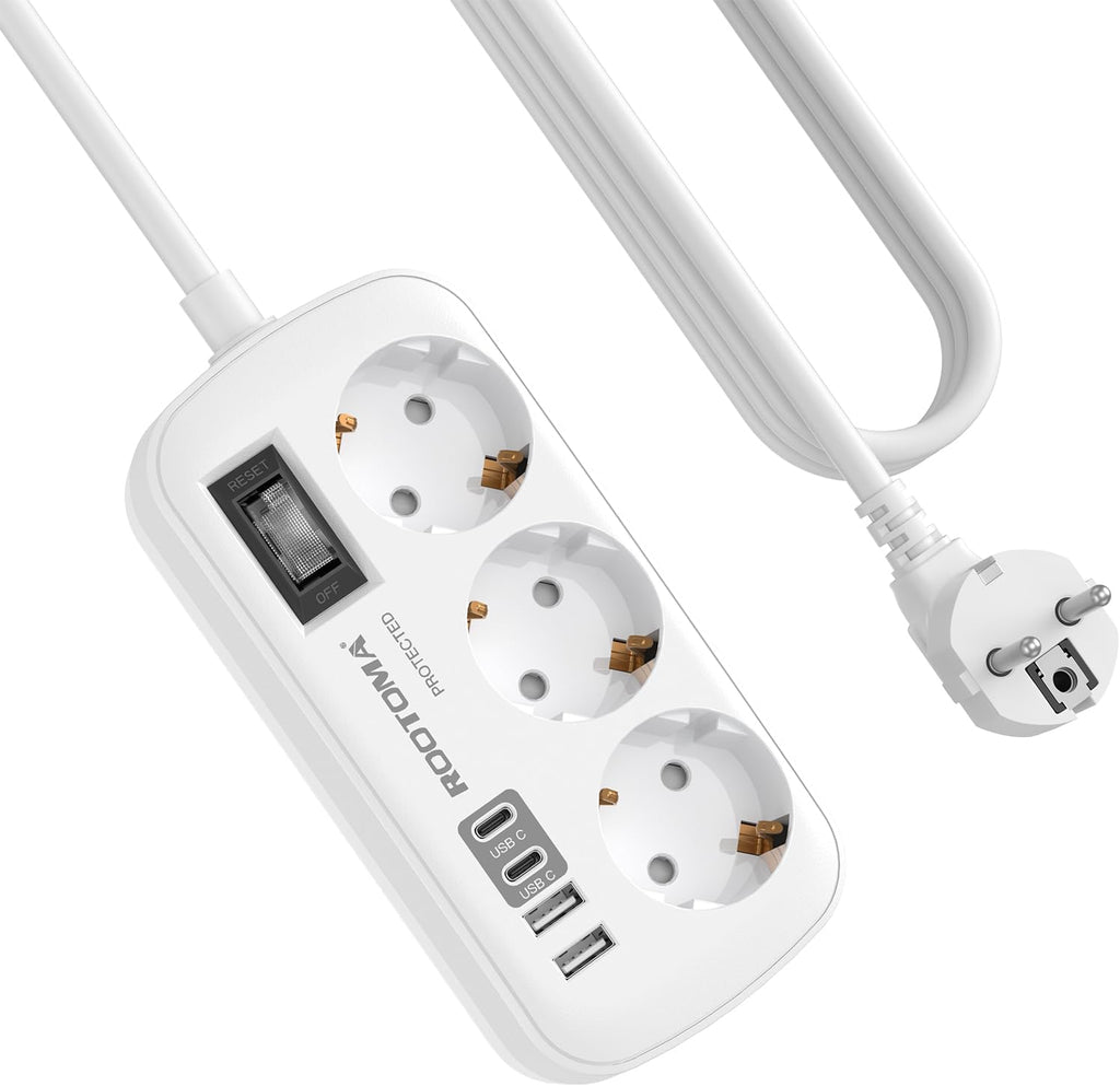 Steckdosenleiste 3-fach mit Ueberspannungsschutz und 4 USB 2x USB-C 1,5m-5m Weiss