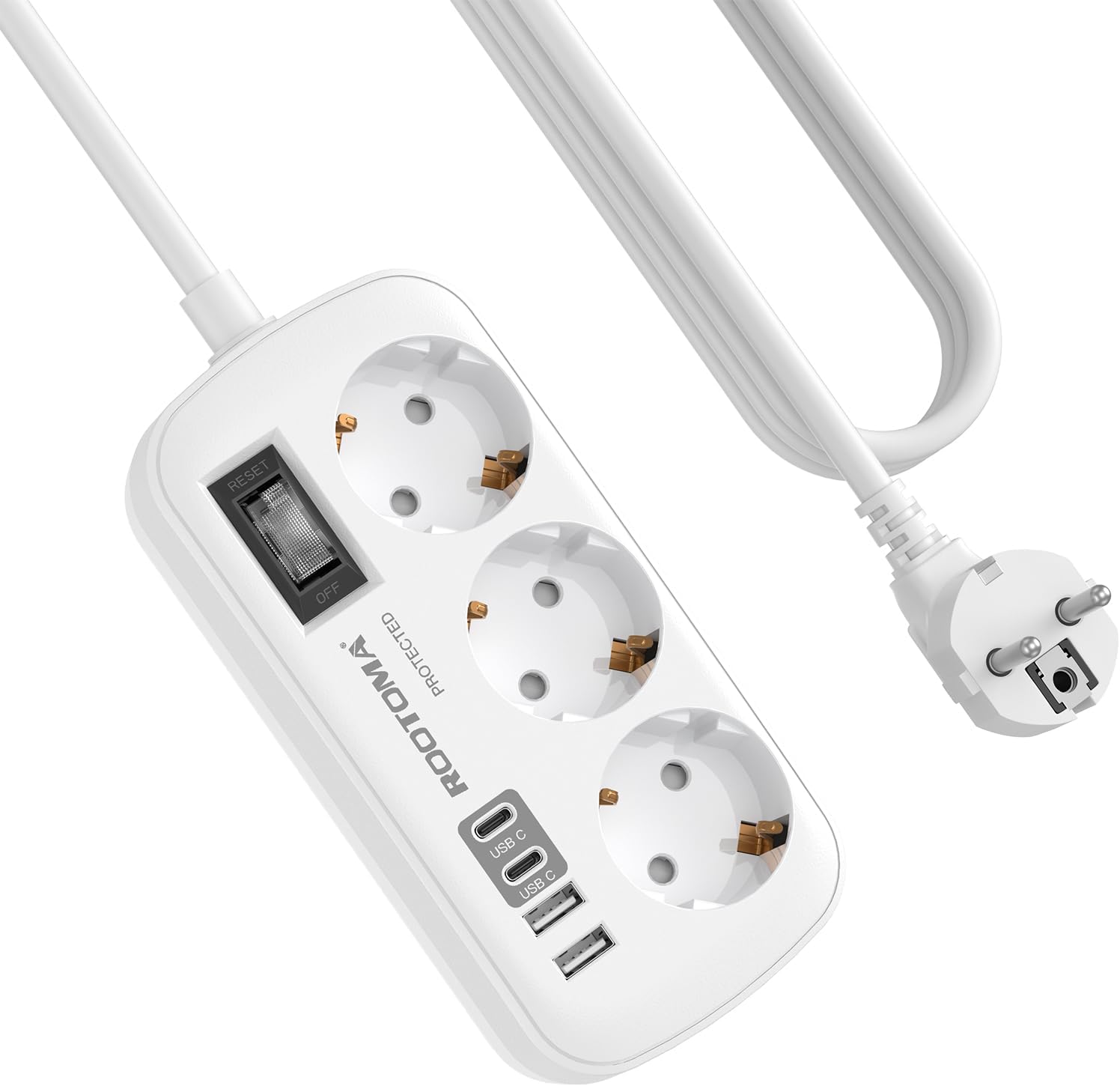 Steckdosenleiste 3-fach mit Ueberspannungsschutz und 4 USB 2x USB-C 1,5m-5m Weiss
