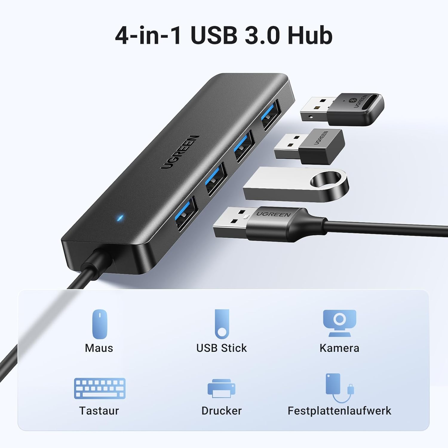 UGREEN USB 3.0 4‑Port Hub 5 Gbps mit 15cm-100cm Kabel