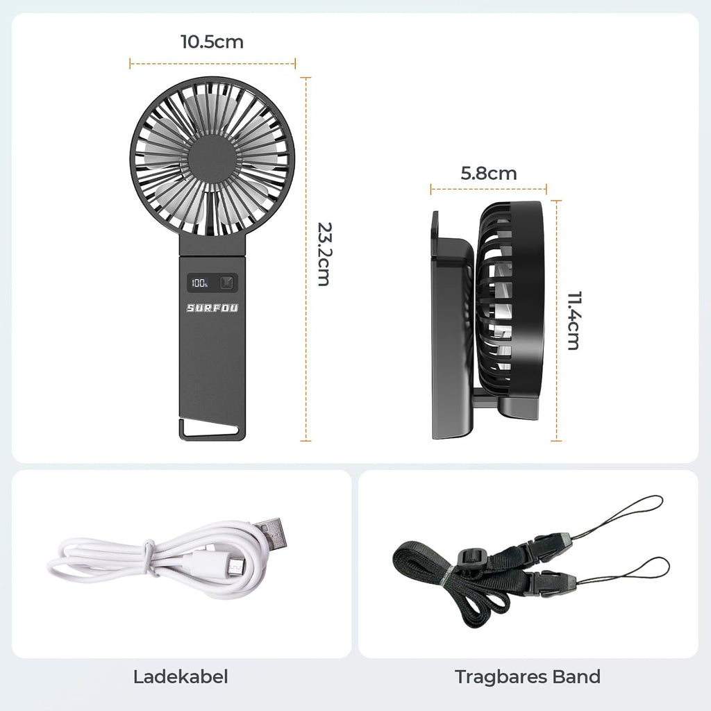 SURFOU Handventilator 4000mAh Akku USB-C wiederaufladbar 4 Geschwindigkeiten lei