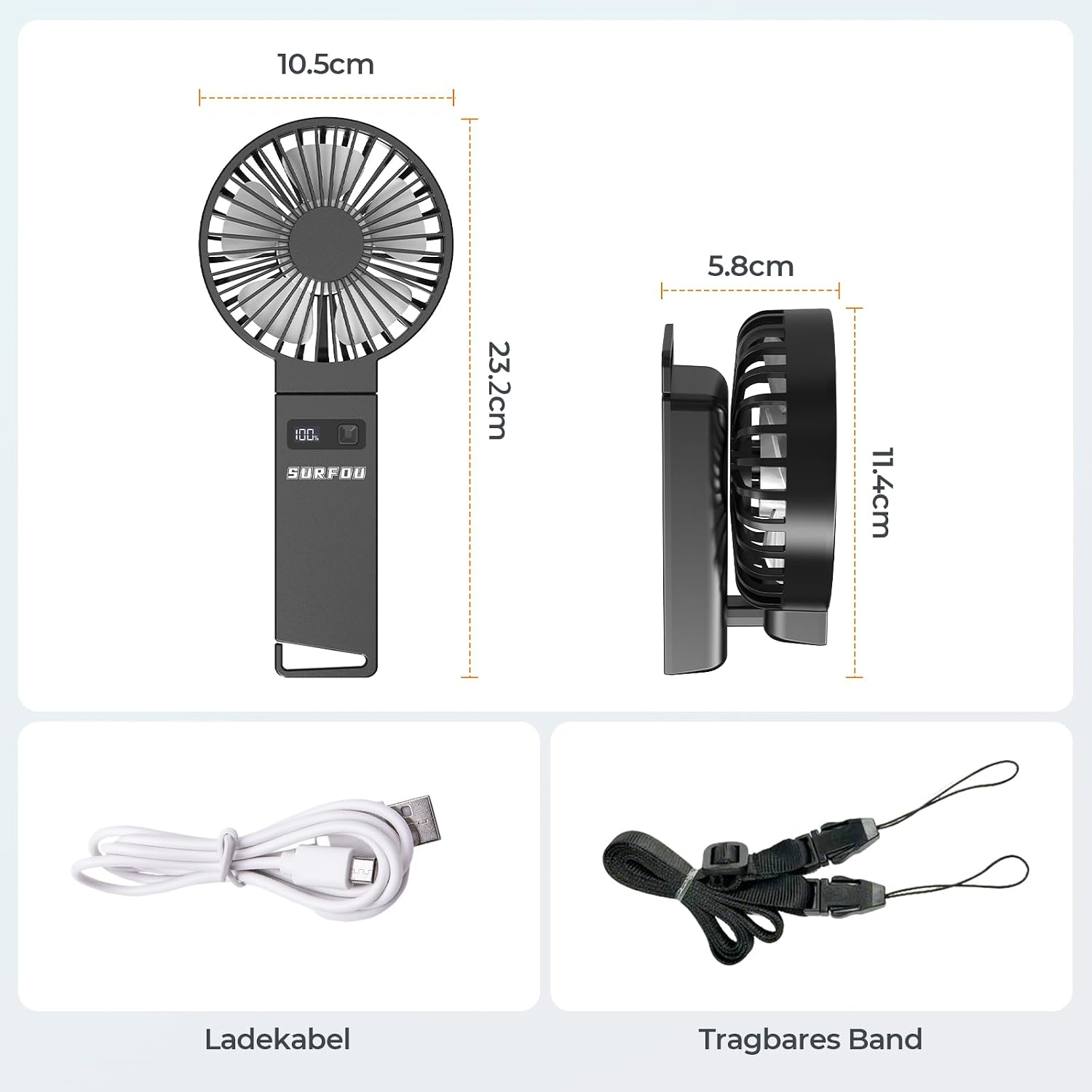 SURFOU Handventilator 4000mAh Akku USB-C wiederaufladbar 4 Geschwindigkeiten lei
