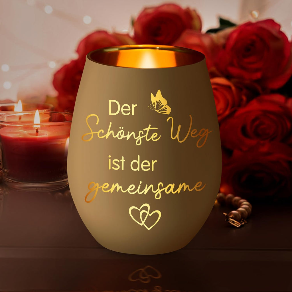 Windlicht Glas mit Gravur ‚Der schoenste Weg ist der gemeinsame‘ Geschenk Paar