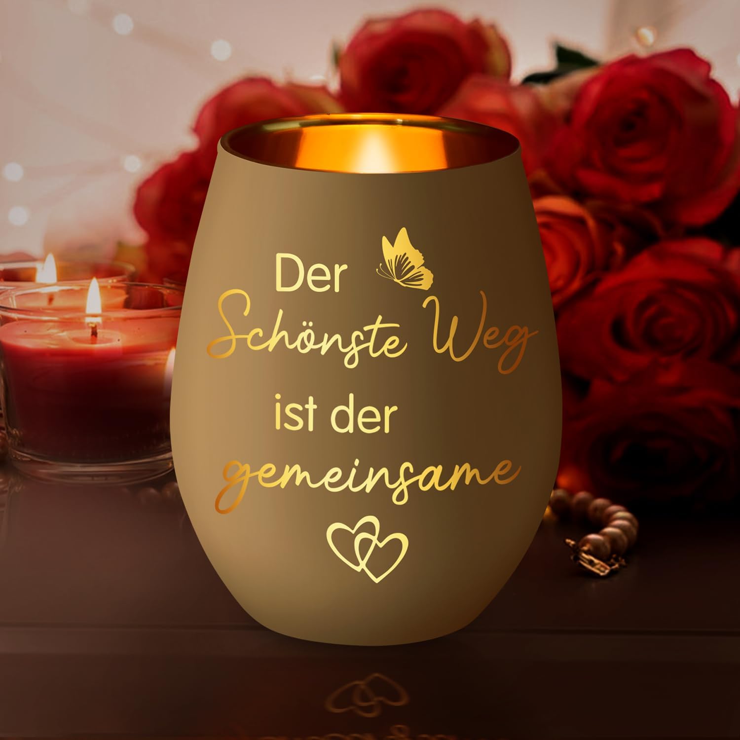 Windlicht Glas mit Gravur ‚Der schoenste Weg ist der gemeinsame‘ Geschenk Paar