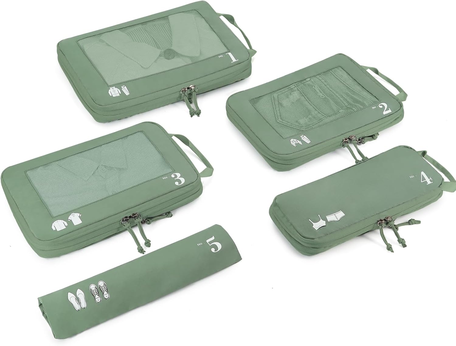 5er Set Kompressions Packing Cubes Koffer Organizer Gruen
