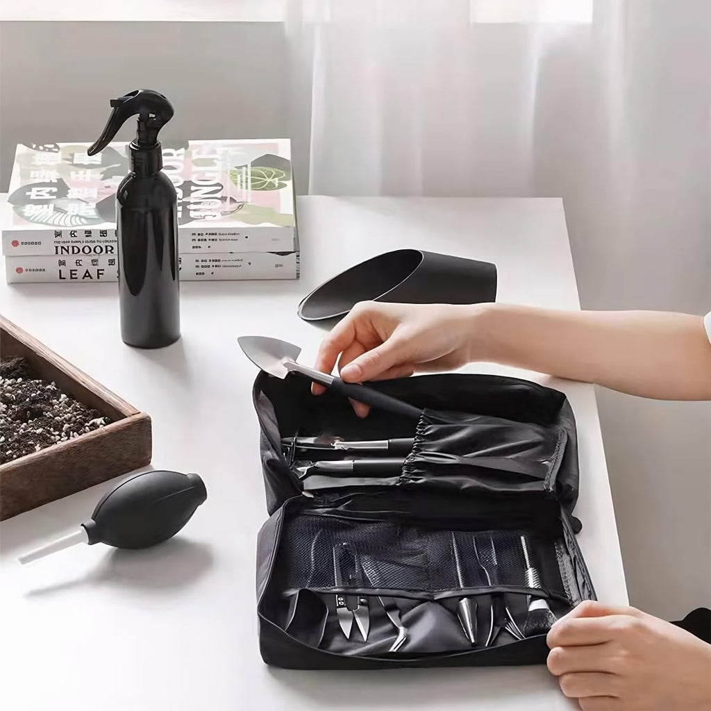 Bonsai Werkzeug Set 15-tlg. mit Umtopfmatte & Tasche, Gartenwerkzeug Schwarz