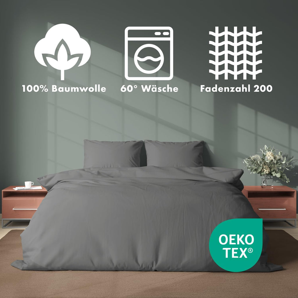 Bettwaesche 135x200 Baumwolle Perkal 2-teilig Anthrazit mit Reissverschluss