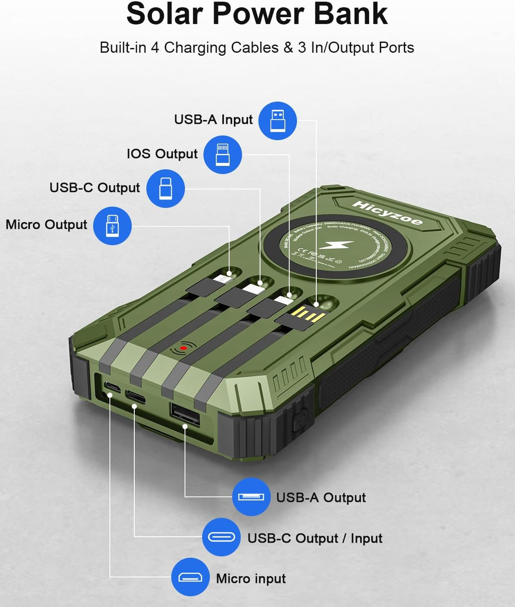 Solar Powerbank 26800 mAh mit integrierten 4 Kabeln USB‑C Schnellladung Qi Wirel